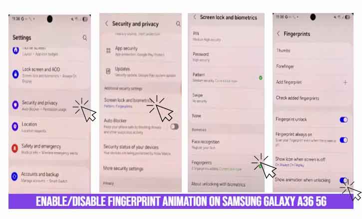 enable/disable fingerprint animation on samsung galaxy a36 5g