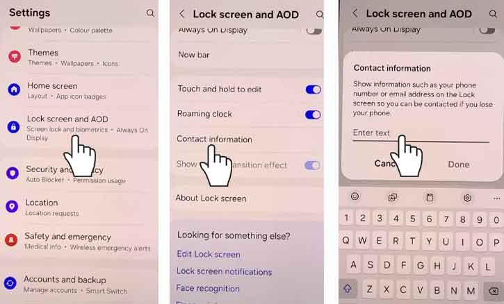 how to add contact information to lock screen of samsung galaxy a36 5g