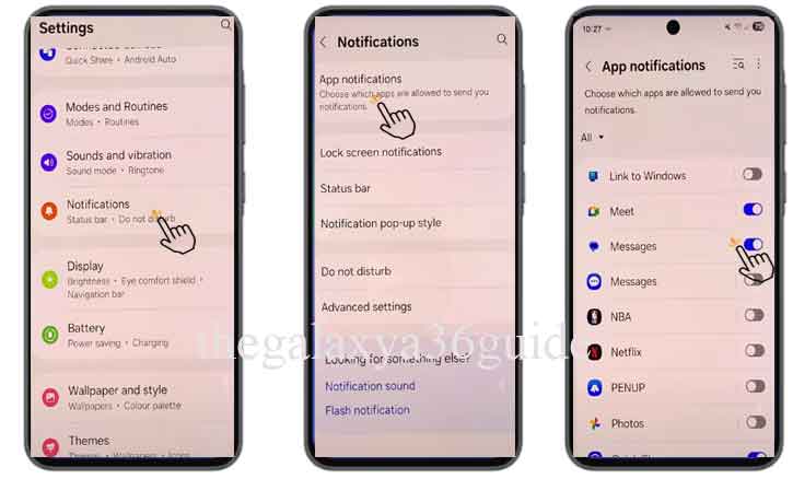 how to enable text message notifications on samsung galaxy a36 5g