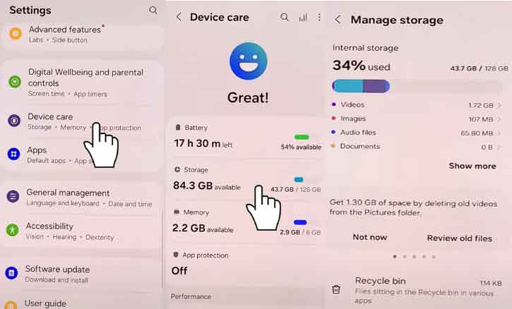 check storage capacity on samsung galaxy a36 5g