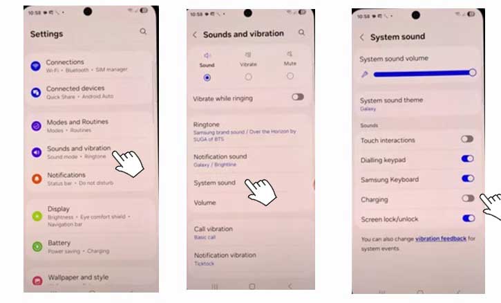 enable / disable charging sounds on samsung galaxy a36 5g